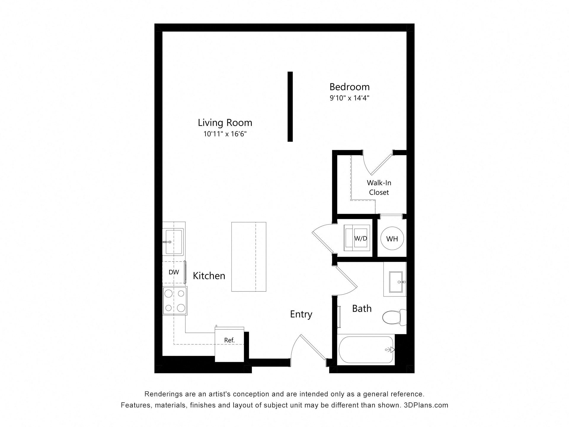 Floor plan for studio, 1 bath, 605 sqft